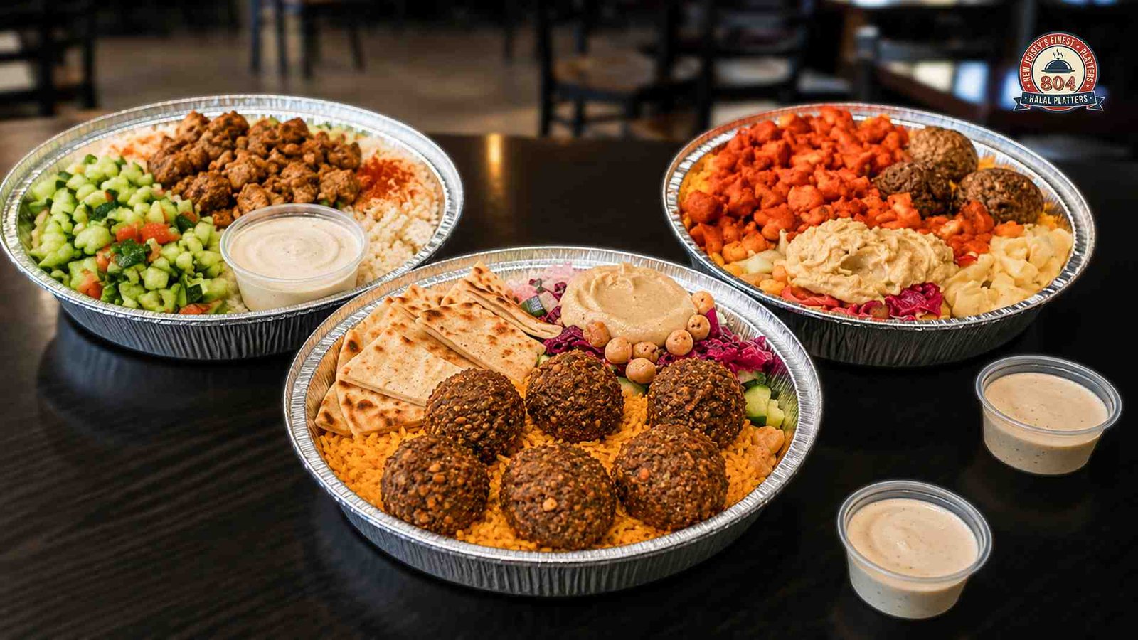 Three freshly prepared halal platters with grilled chicken, falafel, hummus, pita bread, rice, fresh salad, and creamy sauce, showcasing high-quality ingredients at a halal restaurant.