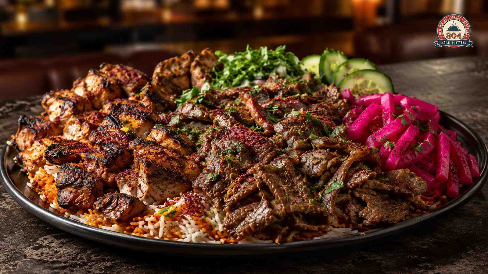 Halal meat platter with grilled chicken, seasoned beef, rice, cucumbers and bright pickled vegetables.