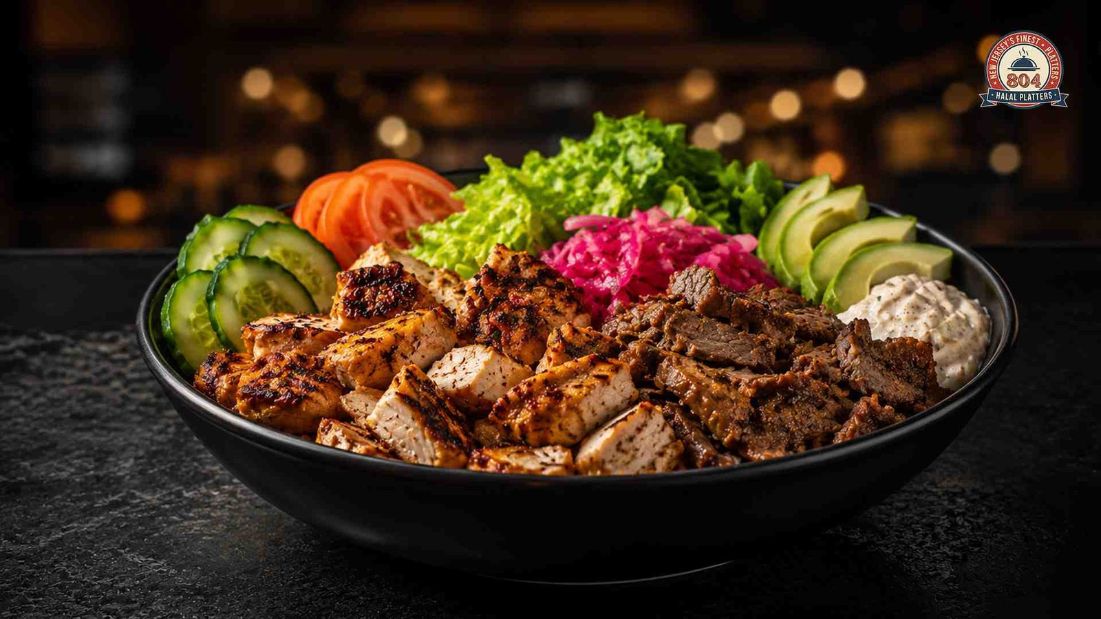 High-protein halal bowl with grilled chicken, beef, fresh vegetables, avocado and creamy sauce.