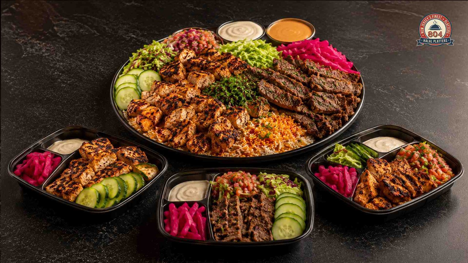 Large halal platter with grilled meats, rice, vegetables and three prepared meal containers.