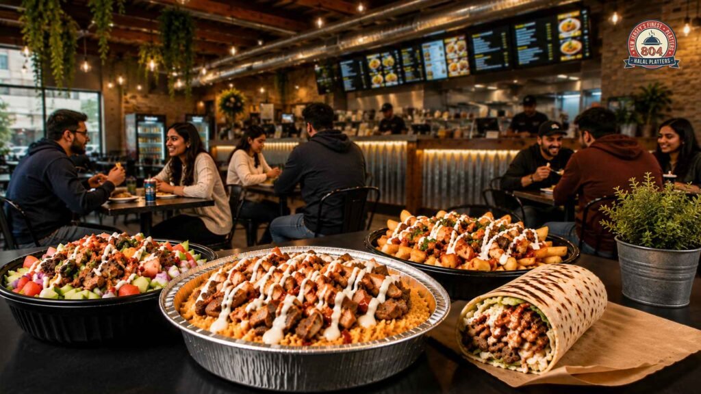Halal platters, rice bowls, loaded fries, and a wrap served at a halal restaurant, showcasing affordable and flavourful meal options for diners.