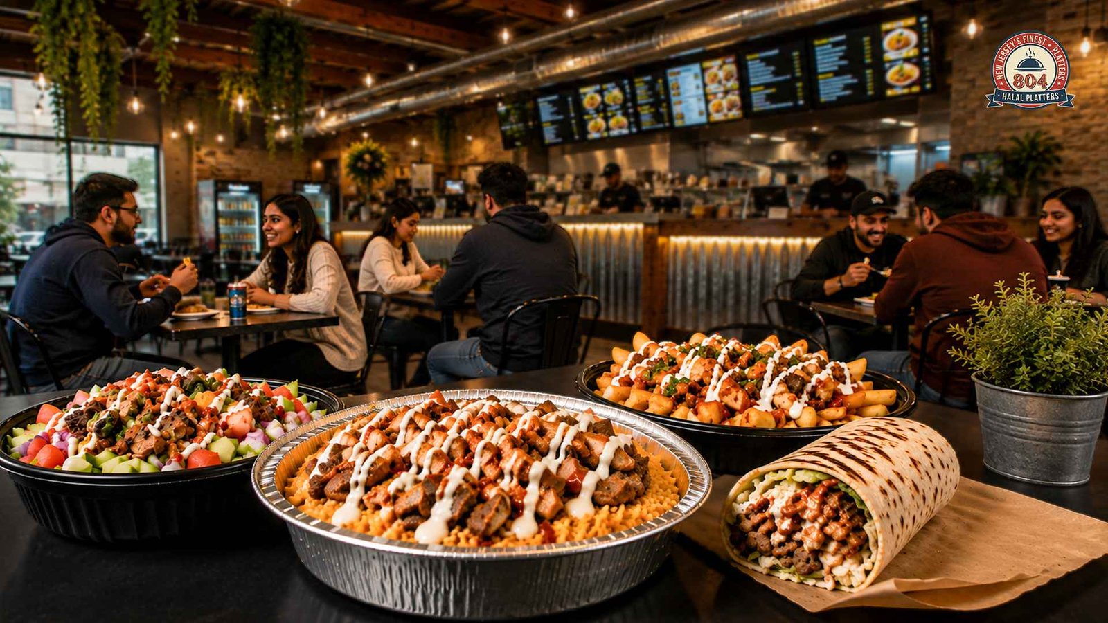 Halal platters, rice bowls, loaded fries, and a wrap served at a halal restaurant, showcasing affordable and flavourful meal options for diners.