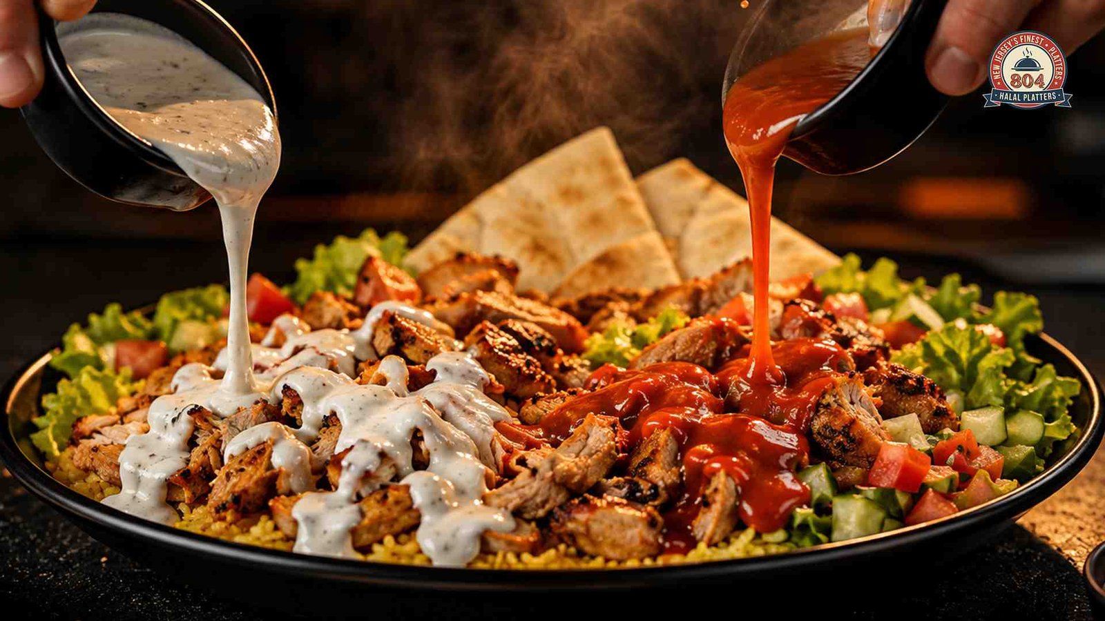 Halal platter topped with grilled meat, white sauce and spicy hot sauce.