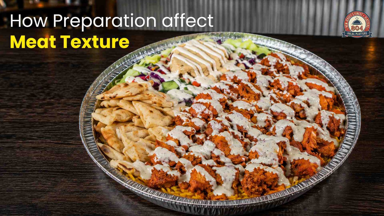 A halal meat platter with chicken, rice, pita, salad, and sauce, illustrating how preparation affects meat texture.