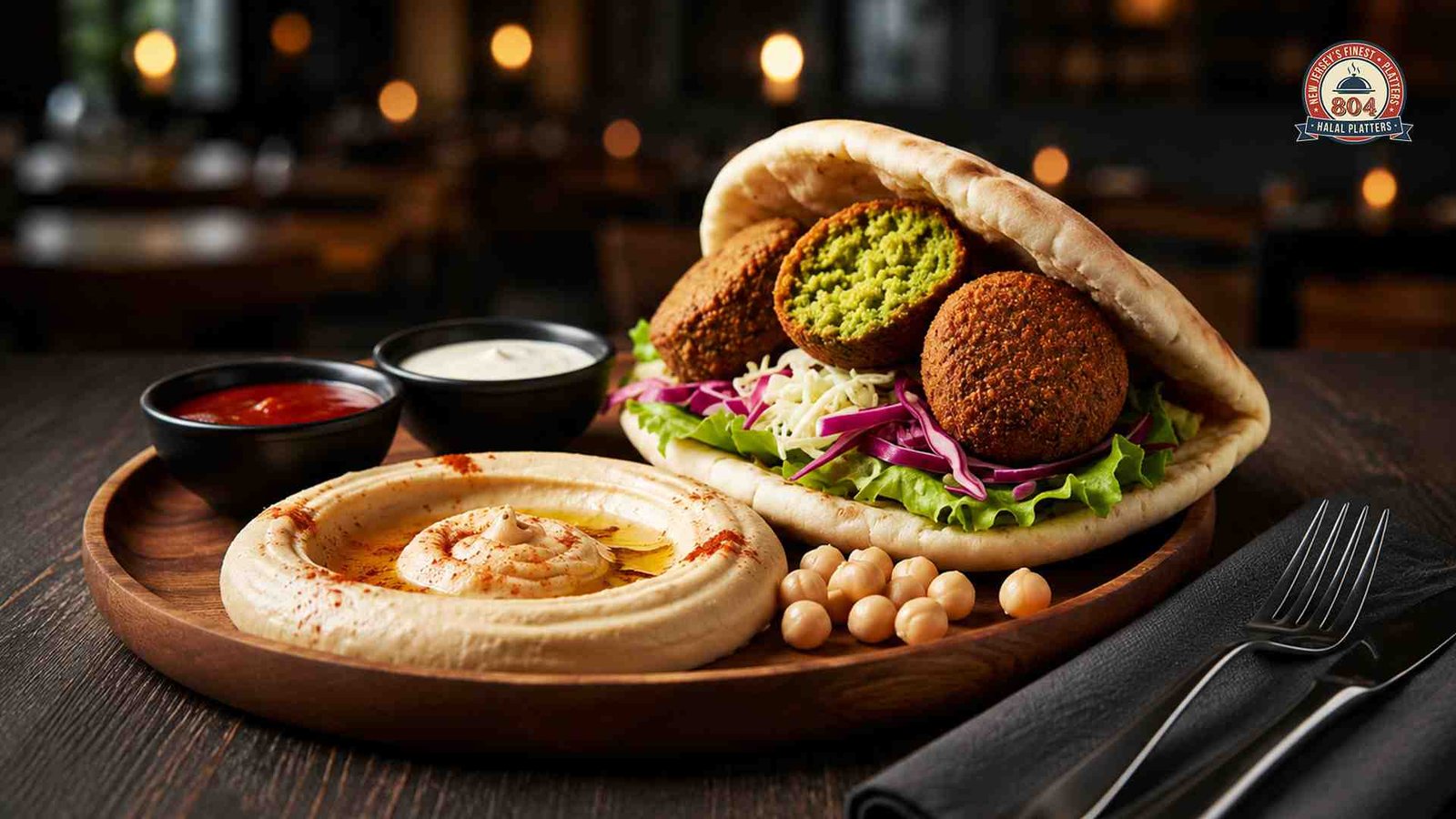 Crispy falafel served in pita with fresh vegetables, hummus and dipping sauces.