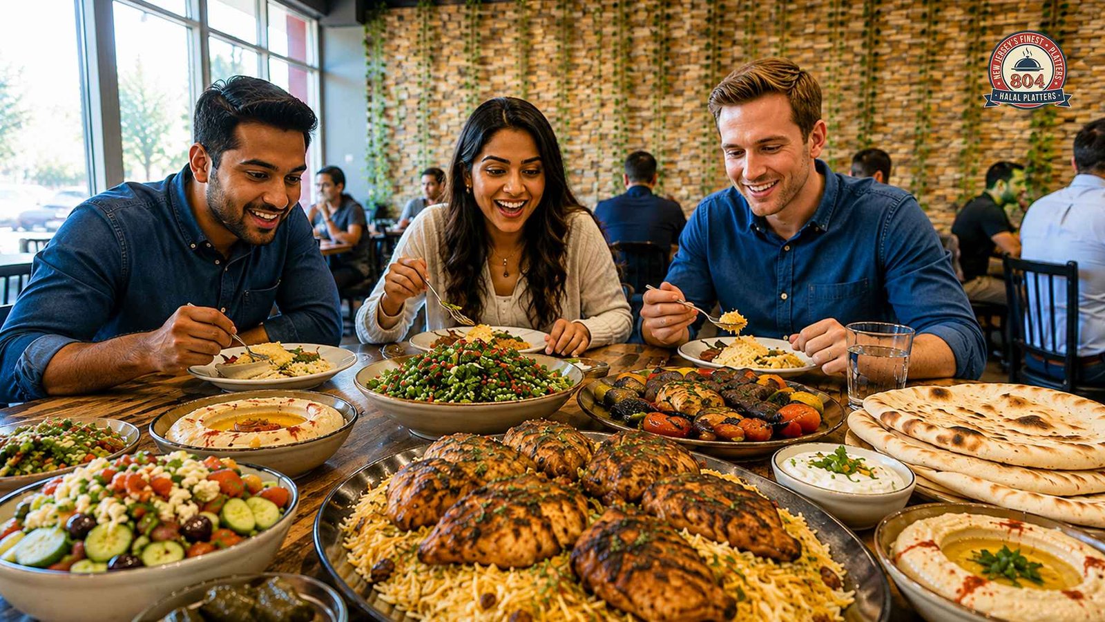 Group of friends enjoying a variety of halal dishes together at a restaurant, highlighting halal catering as a suitable option for mixed-guest events.
