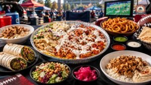 Halal food spread with grilled meats, rice, wraps, dips and snacks at an outdoor football watch party.