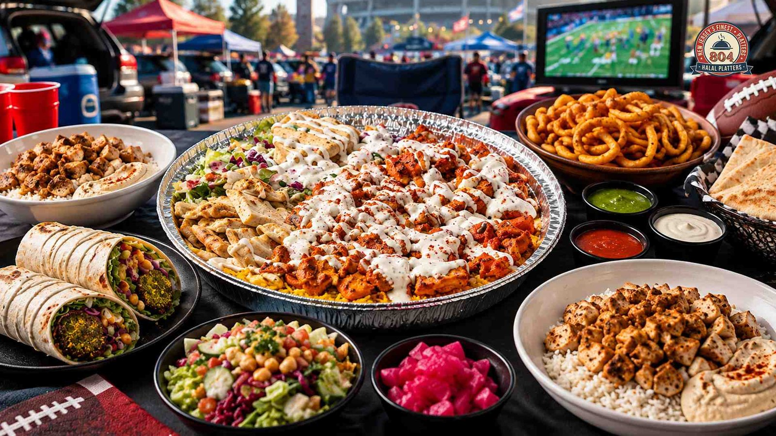 Halal food spread with grilled meats, rice, wraps, dips and snacks at an outdoor football watch party.