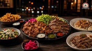 Late-night halal spread featuring grilled chicken, beef, rice, salad, sauces and pickled vegetables.