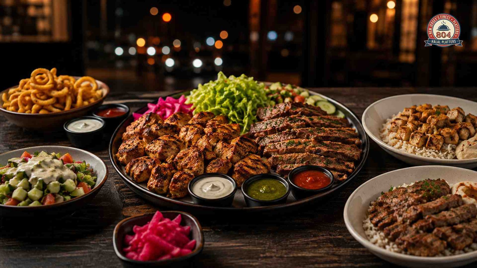 Late-night halal spread featuring grilled chicken, beef, rice, salad, sauces and pickled vegetables.