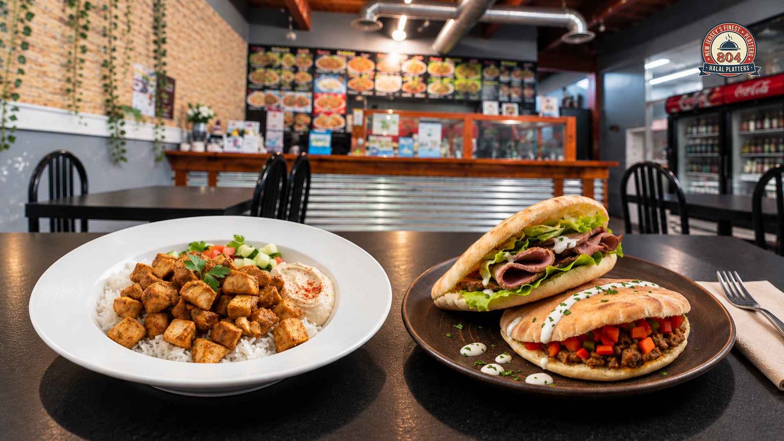 Halal chicken rice platter and stuffed pita sandwiches served inside 804 Halal Platters restaurant.