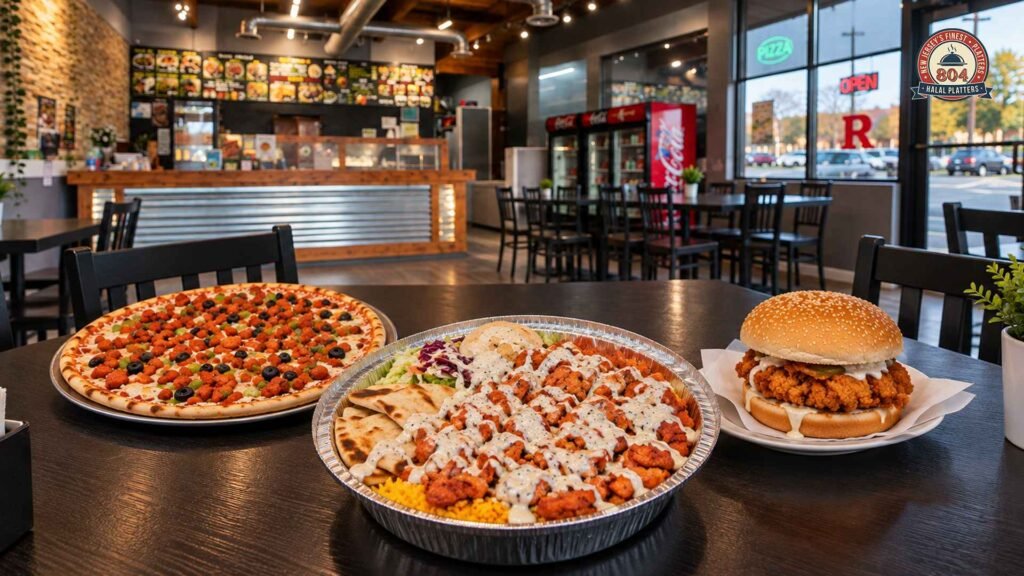 804 Halal Platters restaurant interior with pizza, a halal platter, and a crispy chicken burger.