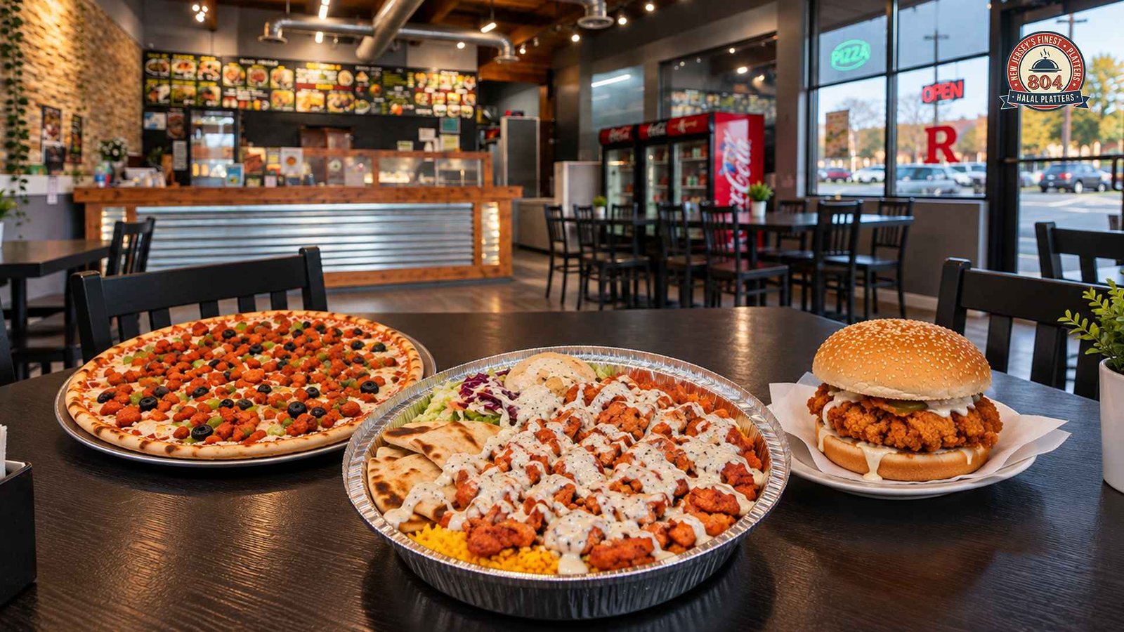 804 Halal Platters restaurant interior with pizza, a halal platter, and a crispy chicken burger.