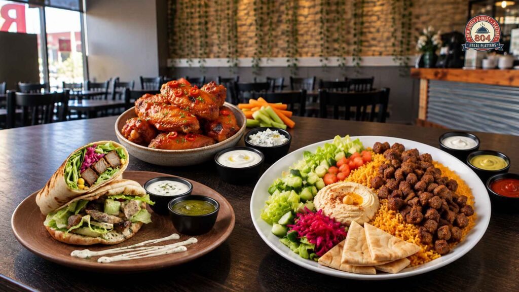 Halal chicken, lamb, and beef platters with rice, salad, pita, and sauces.