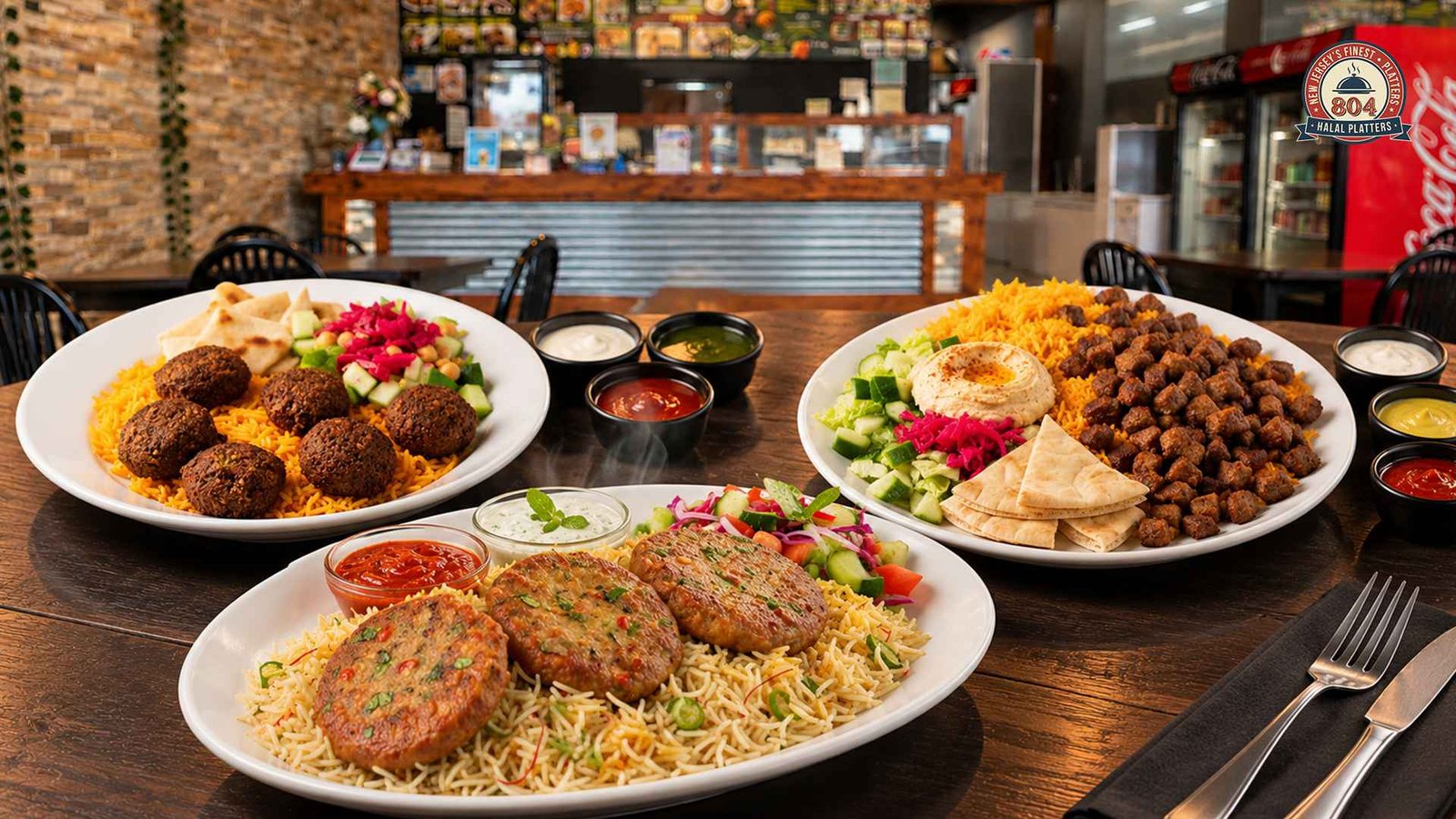 Halal platters featuring different rice styles, meats, vegetables, and sauces.