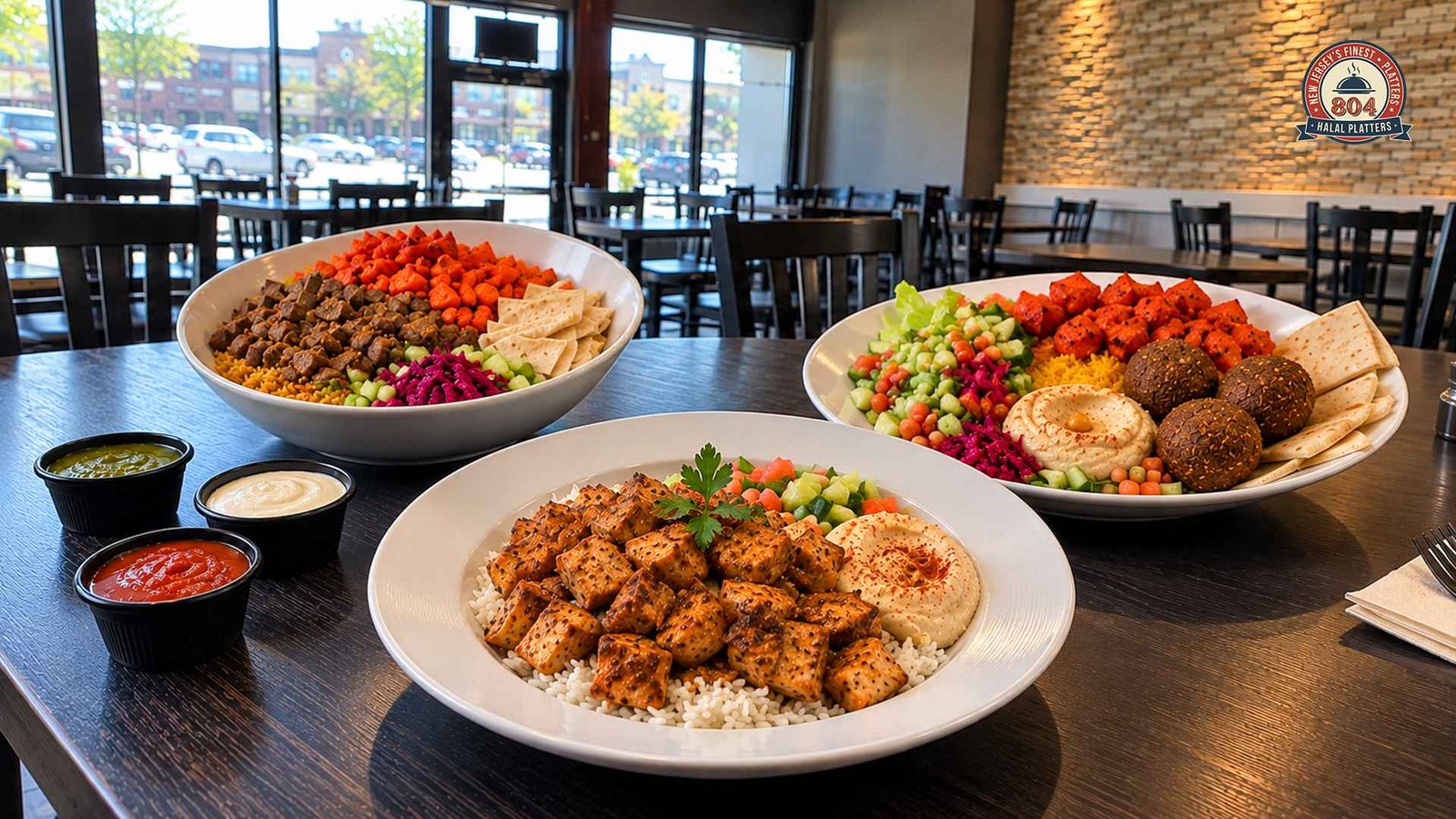 Assorted halal platters with rice, falafel, grilled meats, salads, and pita.