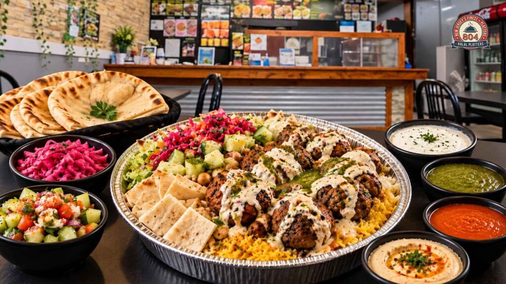 A halal platter with grilled meat, rice, hummus, pita, salads, and sauces.