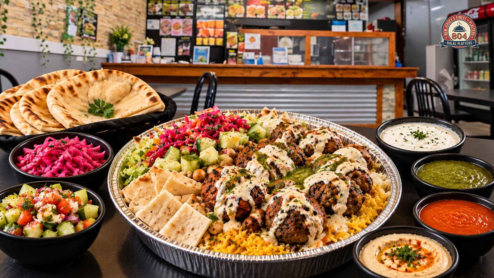 A halal platter with grilled meat, rice, hummus, pita, salads, and sauces.