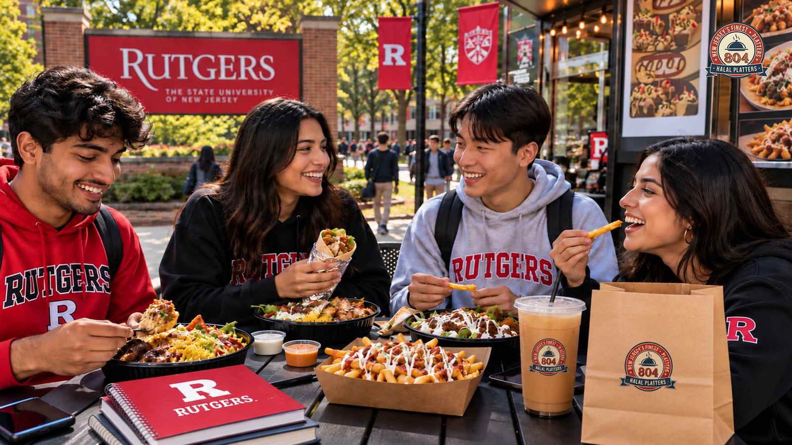 Rutgers students enjoying budget-friendly halal meals near campus.