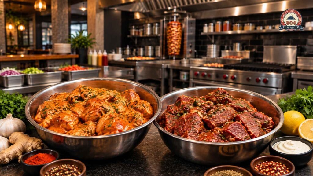Bowls of marinated chicken and meat with spices and herbs prepared for grilling at 804 Halal Platters.