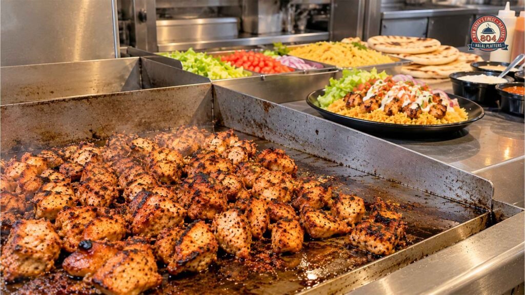 804 Halal Platters grilled chicken cooking on a flat-top grill, with rice platters, fresh vegetables, and pita bread.