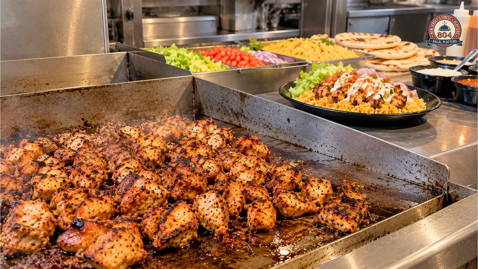804 Halal Platters grilled chicken cooking on a flat-top grill, with rice platters, fresh vegetables, and pita bread.