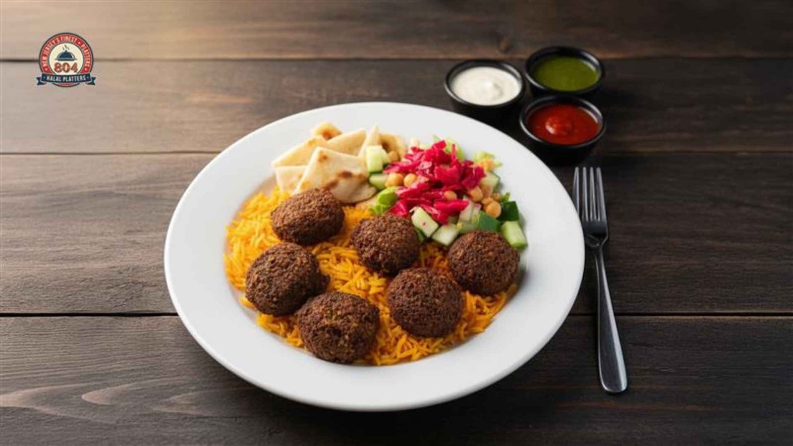 Vegetarian falafel platter with yellow rice, crispy falafel, pita bread, and fresh vegetables.