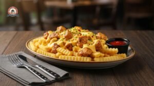 Crispy loaded fries topped with melted cheese, seasoned chicken, herbs, and a side of tomato sauce.