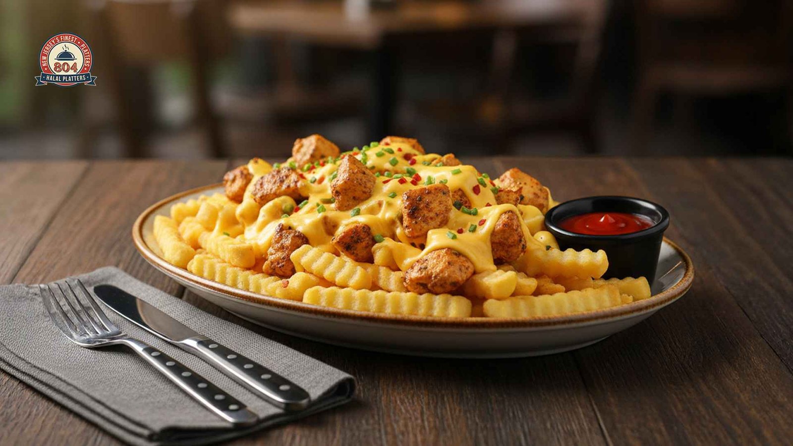 Crispy loaded fries topped with melted cheese, seasoned chicken, herbs, and a side of tomato sauce.