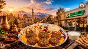 Halal platter with falafel, rice, pita, and hummus beside 804 Halal Platters in a mountain setting.