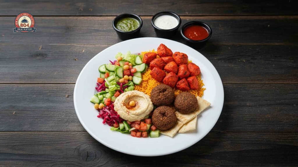 Halal platter featuring seasoned rice, chicken, falafel, hummus, pita bread, fresh vegetables, and dipping sauces.