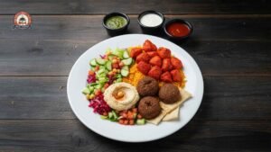 Halal platter featuring seasoned rice, chicken, falafel, hummus, pita bread, fresh vegetables, and dipping sauces.