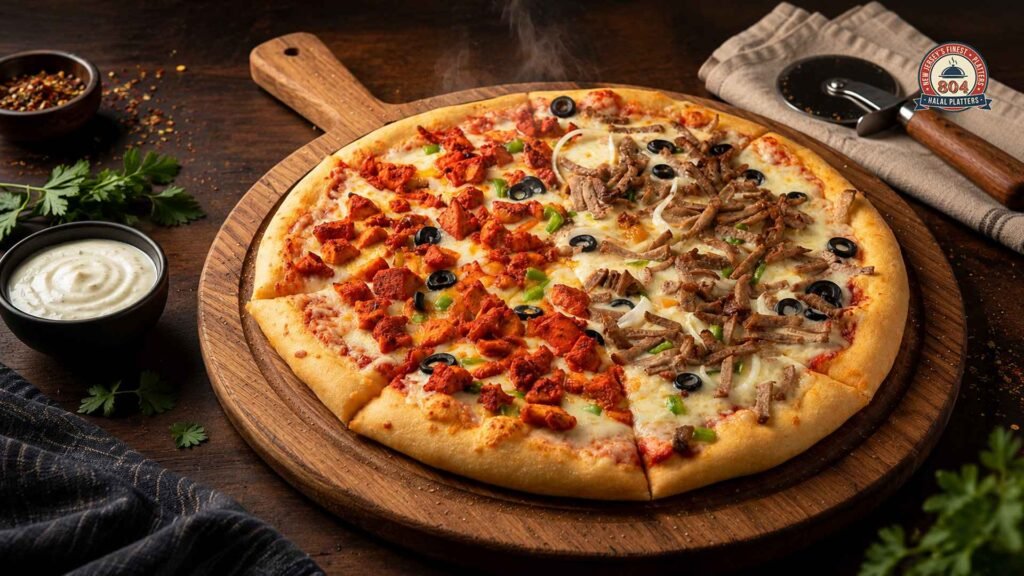 Halal gyro pizza topped with seasoned gyro meat, chicken, melted cheese, olives, and peppers.