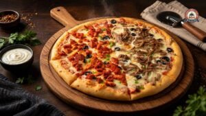 Halal gyro pizza topped with seasoned gyro meat, chicken, melted cheese, olives, and peppers.