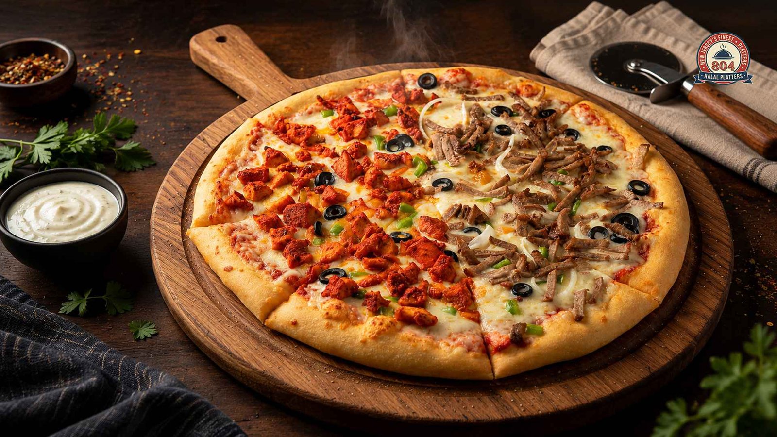 Halal gyro pizza topped with seasoned gyro meat, chicken, melted cheese, olives, and peppers.