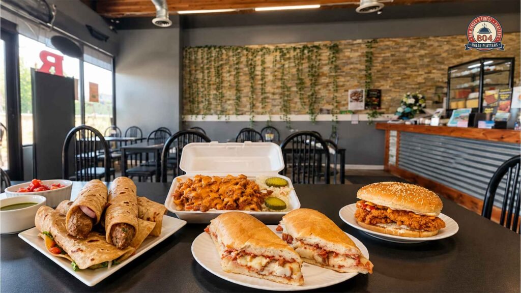 804 Halal Platters menu featuring chicken wraps, toasted sandwiches, a chicken burger, and a loaded chicken platter.