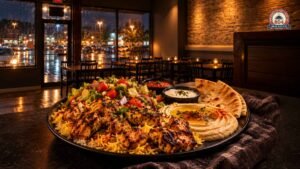 Grilled chicken halal platter with rice, salad, hummus, and pita in a cozy restaurant.